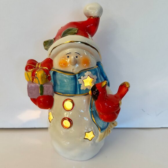 Christmas Snowman Cardinal Ceramic Lighted Figurine Gold Paint Highlights Gift - Picture 1 of 13